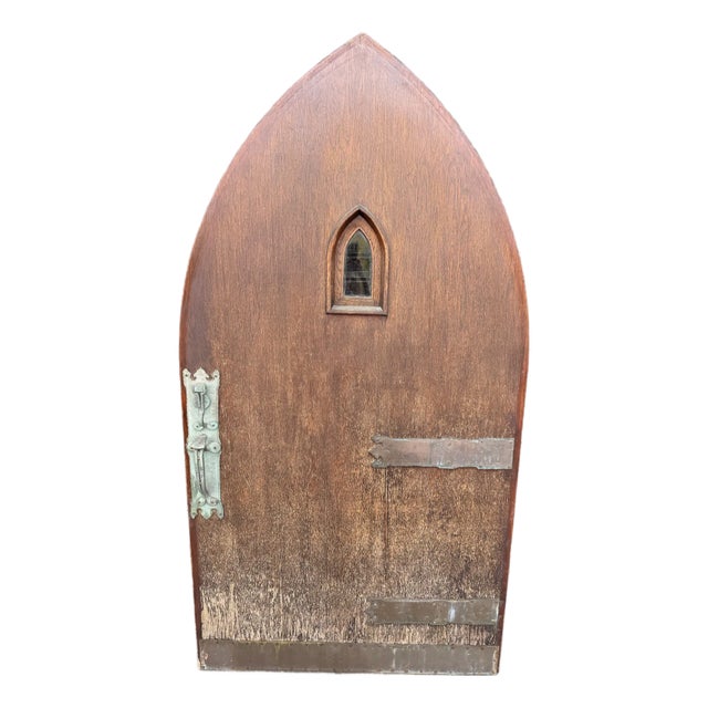 1920s Tudor Revival Pointed Arc Door With Original Bronze Hardware & Octagonal Decorative Knob For Sale