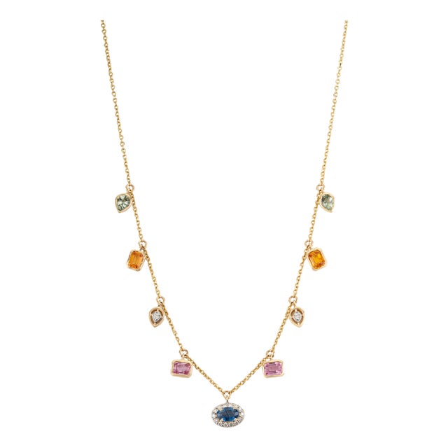1.63ct Mixed Shape Rainbow Sapphire & Diamond Charm Necklace in 14k Yellow Gold For Sale