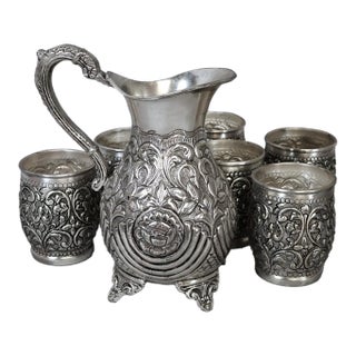 Vintage Indian Hand-Chased Repoussé Beverage Service With Pitcher & Six Matching Tumblers For Sale
