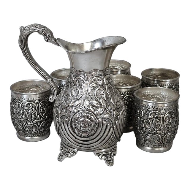 Vintage Indian Hand-Chased Repoussé Beverage Service With Pitcher & Six Matching Tumblers For Sale