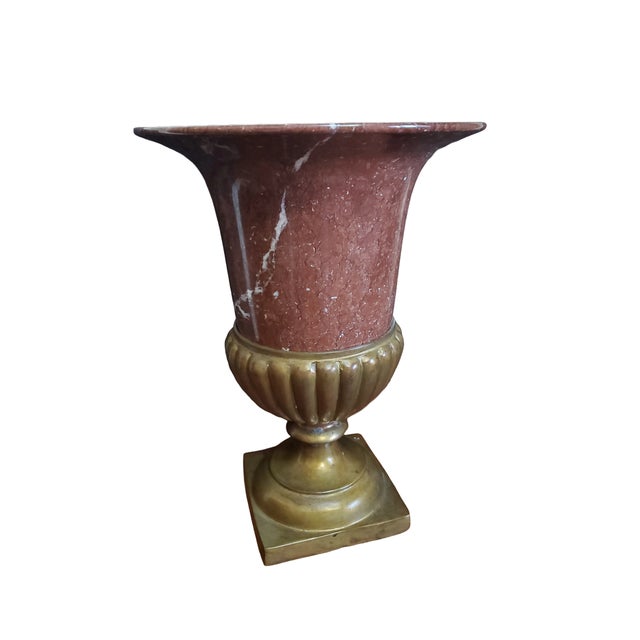 This Carved Stone and Bronze Medici Urn Style Neo-Classical Campana Form Vase is made from Rosso Di Verona Marble,...