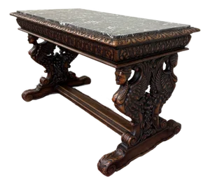 Antique French Coffee Table Bench Window Seat Marble Top Oak Renaissance Revival