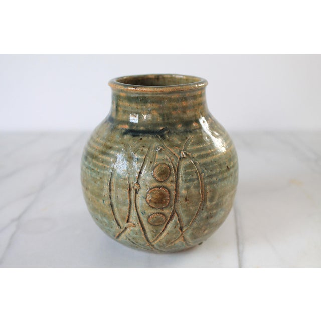 Vintage Textured Studio Art Pottery Vessel Signed For Sale - Image 4 of 9