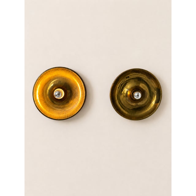Vintage Disc Wall Sconces in Patinated Brass, Italy, 1970, Set of 2 For Sale - Image 3 of 6