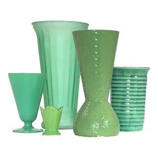 Leafy Green Mixed Conical Vase Curation - Group of 5 For Sale
