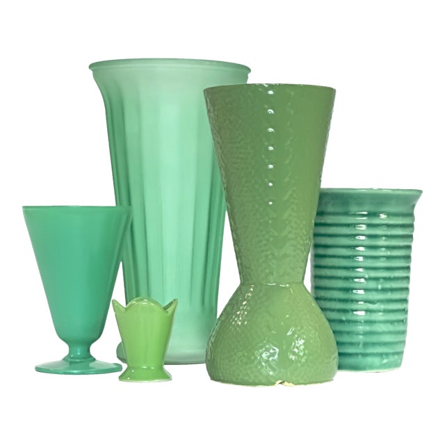 Leafy Green Mixed Conical Vase Curation - Group of 5 For Sale