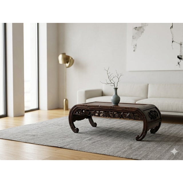 Dark Brown Flower Motif Apron Scroll Leg Low Kang Coffee Table For Sale In San Francisco - Image 6 of 10