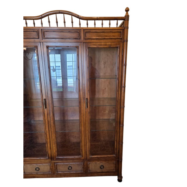 Vintage Thomasville Faux Bamboo and Cane Glass Display Cabinet China Hutch For Sale - Image 9 of 17