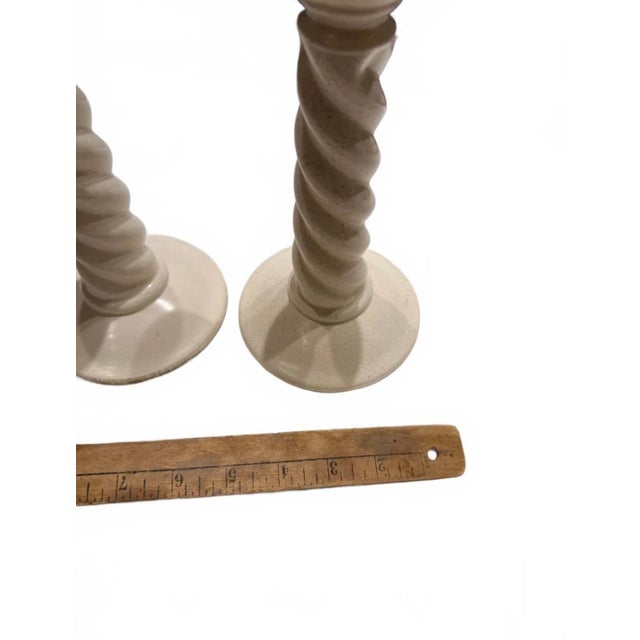 Ceramic Vintage Anthony Freeman McFarlin Candlesticks - Pair of White Ceramic Twist Candle Holders With Original Foil Labels For Sale - Image 7 of 9
