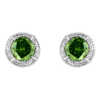 .925 Sterling Silver 1/4 cttw Treated Green Diamond Modern 4-Prong Solitaire Milgrain Stud Earrings, A Pair For Sale