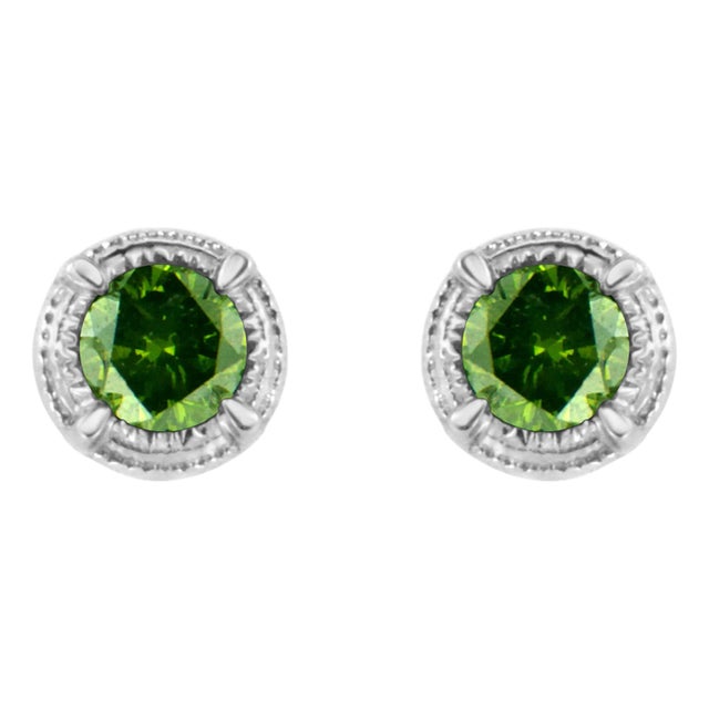 .925 Sterling Silver 1/4 cttw Treated Green Diamond Modern 4-Prong Solitaire Milgrain Stud Earrings, A Pair For Sale