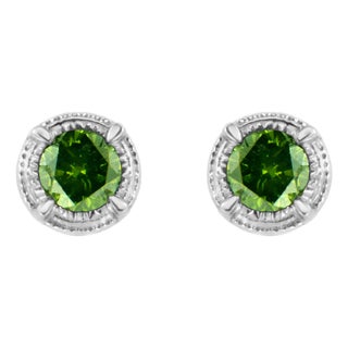 .925 Sterling Silver 1/4 cttw Treated Green Diamond Modern 4-Prong Solitaire Milgrain Stud Earrings (Green Color, I1-I2 Clarity) For Sale