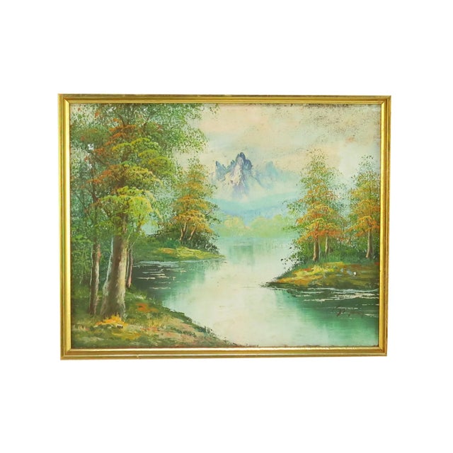 Vintage oil on board landscape in gilt frame signed by the artist. Stunning detail and texture to the trees, mountain, and...