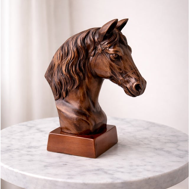Modern Antique Copper Finish Metal Horse Bust Sculptures For Sale - Image 3 of 10