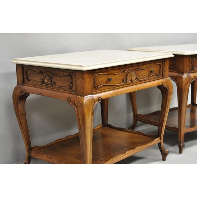 French Country French Country Provincial Rectangle Travertine Marble Top Walnut End Table Pair For Sale - Image 3 of 12