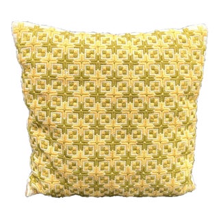 1960s Green/Yellow Needlepoint Velvet-Back Throw Pillow For Sale
