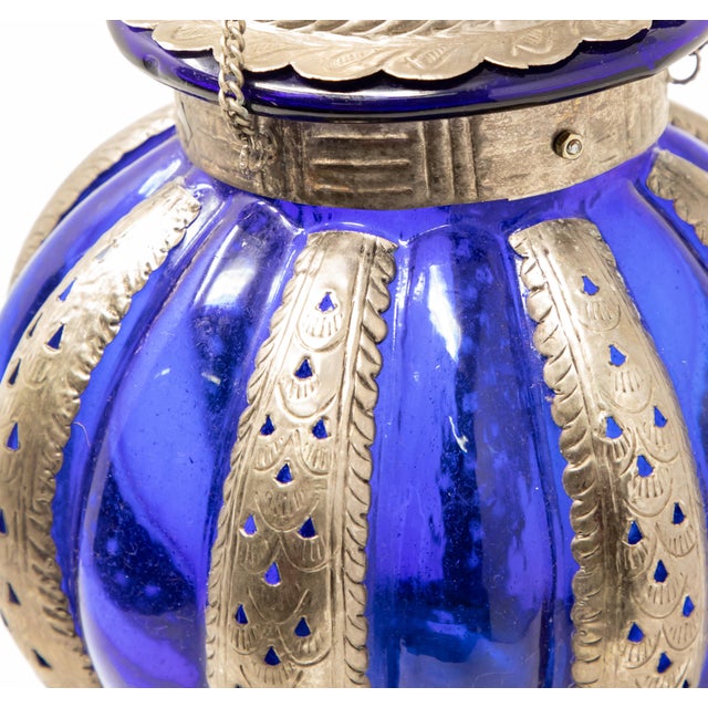 Mid-Century Pewter Moroccan Lantern with Blue Glass For Sale - Image 11 of 13