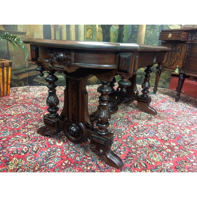 Victorian Antique Library Table, Victorian Accent Table, Walnut and Tiger Maple For Sale - Image 3 of 12