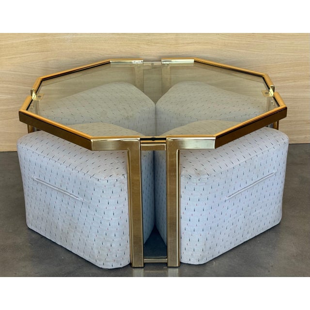Metal Mid 20th Century Hexagonal Gilded Coffee or Side Table with Four Nesting Stools with Glass Top For Sale - Image 7 of 18