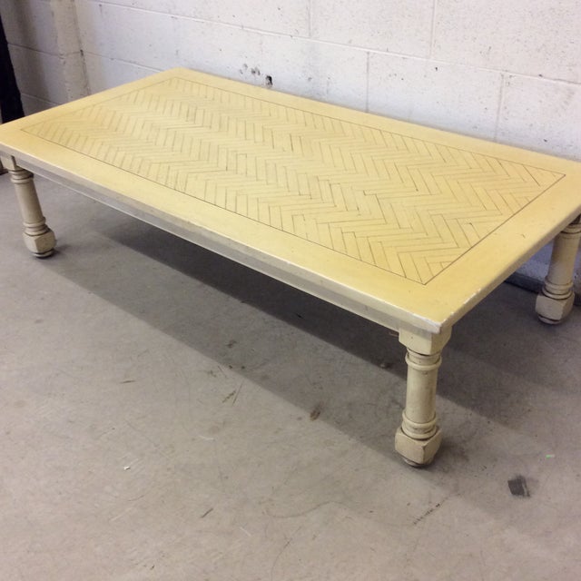 French Country Yellow Wood Coffee Table with Herringbone Pattern Top