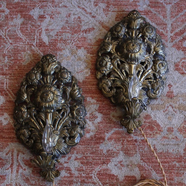 Pair of Antique Continental Brass Repoussé Sconces For Sale - Image 4 of 15