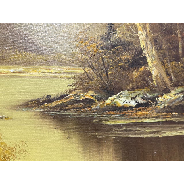 Alpine Mountain Lake Landscape Original Oil Painting, Vintage For Sale - Image 9 of 12