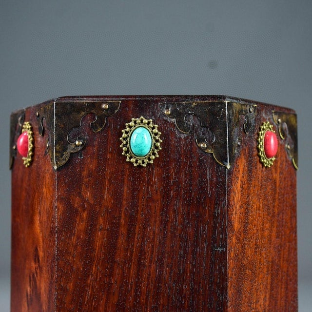 Jade Vintage Huali Wood Hexagonal Brush Holder, Copper Corners and Jade-Like Stones For Sale - Image 8 of 9