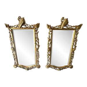 Extraordinary Pair of Italian Carved Giltwood Mirrors with Shell and Coral Motif