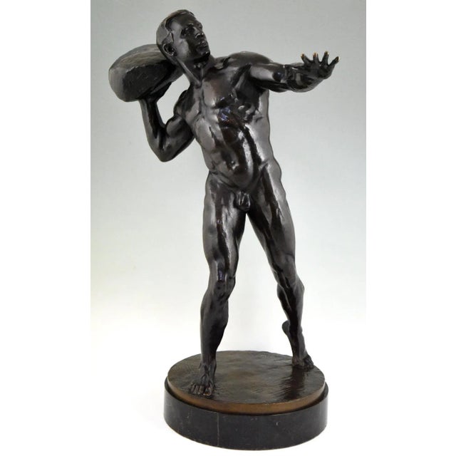 Antique Bronze Sculpture of Male Nude with Stone by Hugo Siegwart For Sale - Image 3 of 12