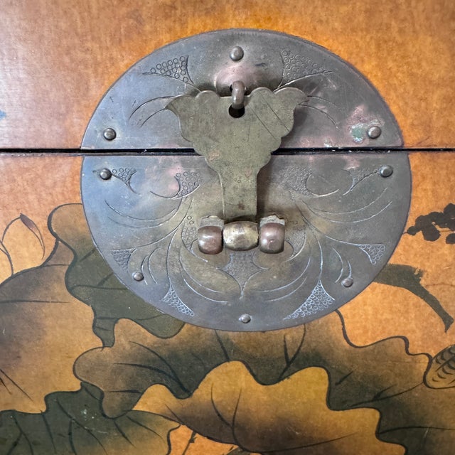 Vintage Chinese Lacquer Chest Trunk With Painted Lotus & Bird Motif, Calligraphy Interior For Sale - Image 13 of 13