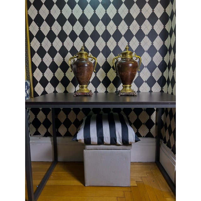 1970s Grand Neoclassical Patinated Metal Urns With Gilt Scroll Handles, Pair, 16" For Sale - Image 9 of 15