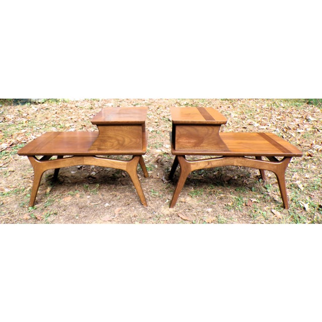 Brown Vintage Pair Mid Century Modern Walnut Two Tiered Step End Tables Baumritter For Sale - Image 8 of 15