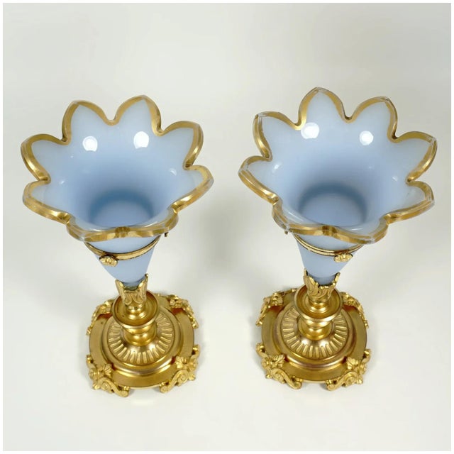 Pair of Antique French Opaline Glass Cornucopia Horn Vases Dore Bronze Mounts For Sale - Image 4 of 8