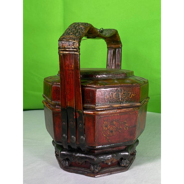 Antique Chinese Wedding Basket Octagonal Red Lacquer Wood Hand Painted Food Carrier For Sale - Image 11 of 12
