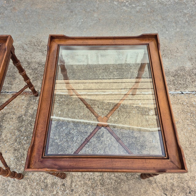 Chinoiserie Mid-20th Century Vintage Lane Faux Bamboo Wood & Glass Side End Tables, a Pair For Sale - Image 3 of 13