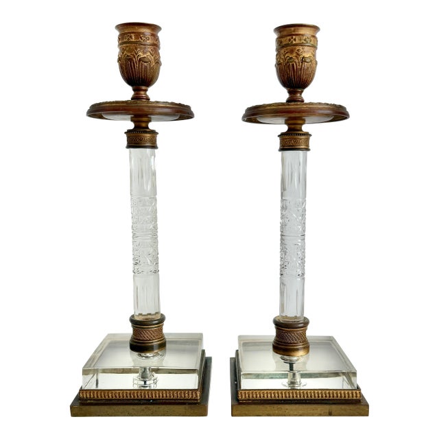 19th C French Restoration Gilt Bronze & Cut Crystal Candlesticks - A Pair For Sale