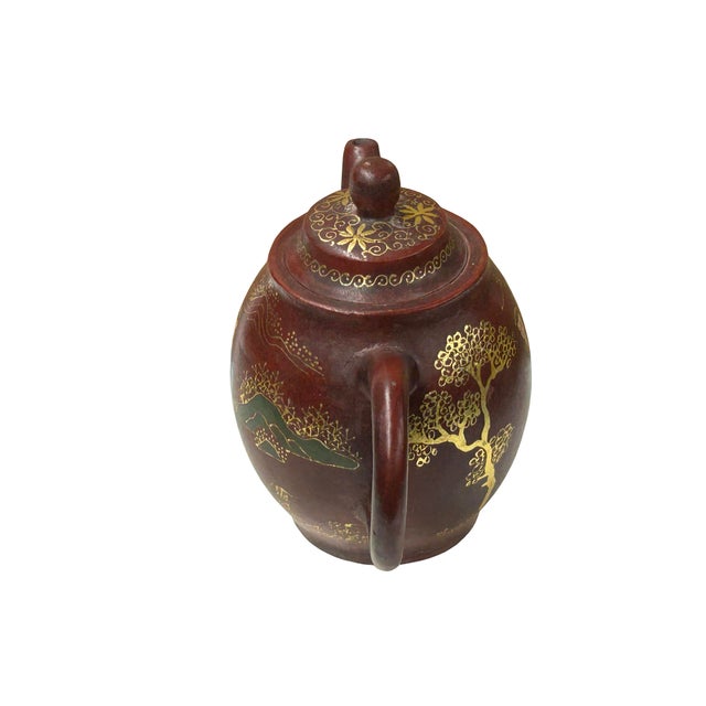 1980s Vintage Chinese Reddish Brown Graphic Zisha Clay Teapot Art Display For Sale - Image 5 of 8