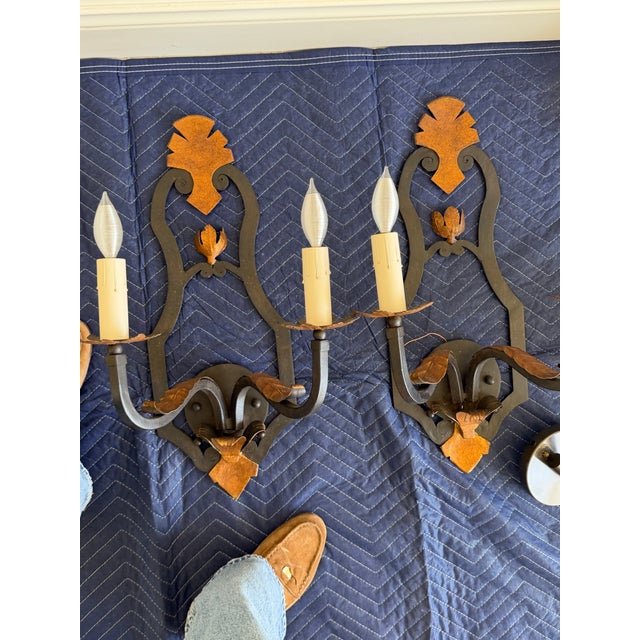 Paul Ferrante Paul Ferrante Model 1000 Hand-Forged Iron & Copper Two-Light Wall Sconces – Pair For Sale - Image 4 of 5