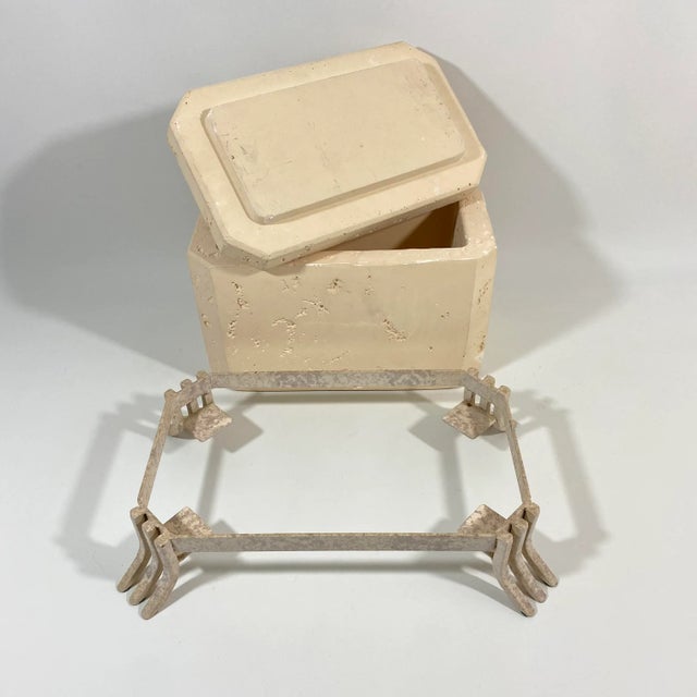 Postmodern Faux Travertine Ceramic Box With Metal Stand and Handle For Sale - Image 9 of 13