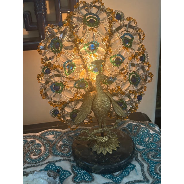 VIntage Art Deco Crystal and Brass Czechoslovakian Beaded Peacock Lamp For Sale In Savannah - Image 6 of 14