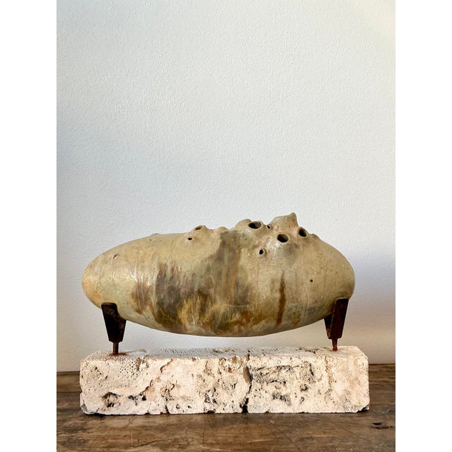 Contemporary Vintage Original Abstract Studio Pottery Sculpture on Coquina Block Plinth For Sale - Image 3 of 12