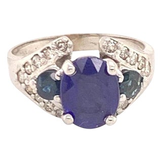 Diamond Sapphire Ring 14k White Gold 3.31 TCW Women Certified For Sale