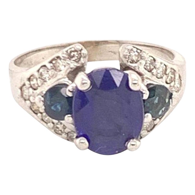 Diamond Sapphire Ring 14k White Gold 3.31 TCW Women Certified For Sale