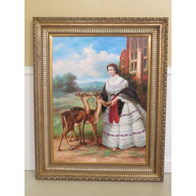 1990s Vintage "Woman Feeding Deer" Framed Oil Painting on Canvas For Sale - Image 10 of 10