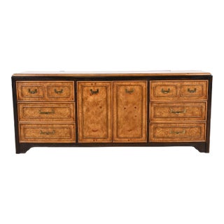 Hollywood Regency Chinoiserie Burl Wood and Ebonized Wood Dresser or Credenza, Circa 1970s For Sale