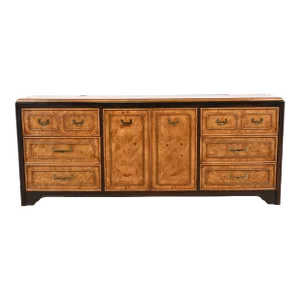 Hollywood Regency Chinoiserie Burl Wood and Ebonized Wood Dresser or Credenza, Circa 1970s