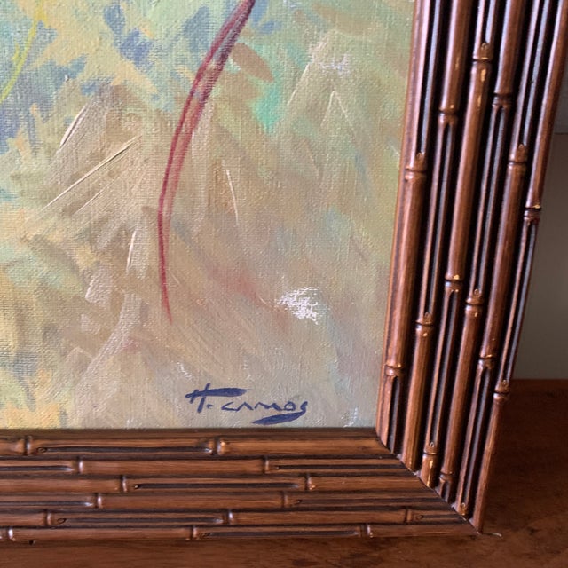 Hollywood Regency Signed Birds of Paradise Oil Painting For Sale - Image 3 of 7