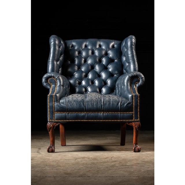Traditional Vintage Tufted Leather Chesterfield Armchair in Blue For Sale - Image 3 of 15