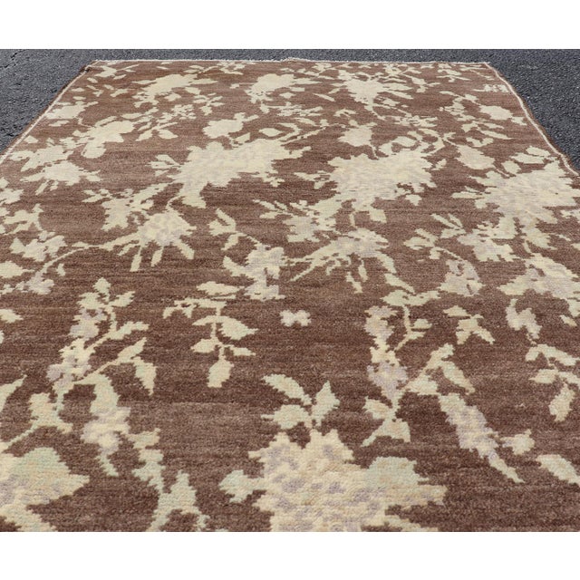 Mocha Vintage Turkish Oushak Rug With Free-Flowing Green & Cream Flower Blossoms For Sale - Image 10 of 11