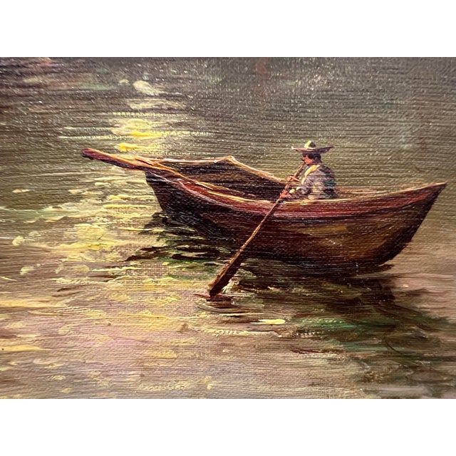 Traditional Late 20th Century Original Oil/Acrylic Painting Two Boats in the Moonlight, F. Raquel Moncayo Framed For Sale - Image 3 of 10